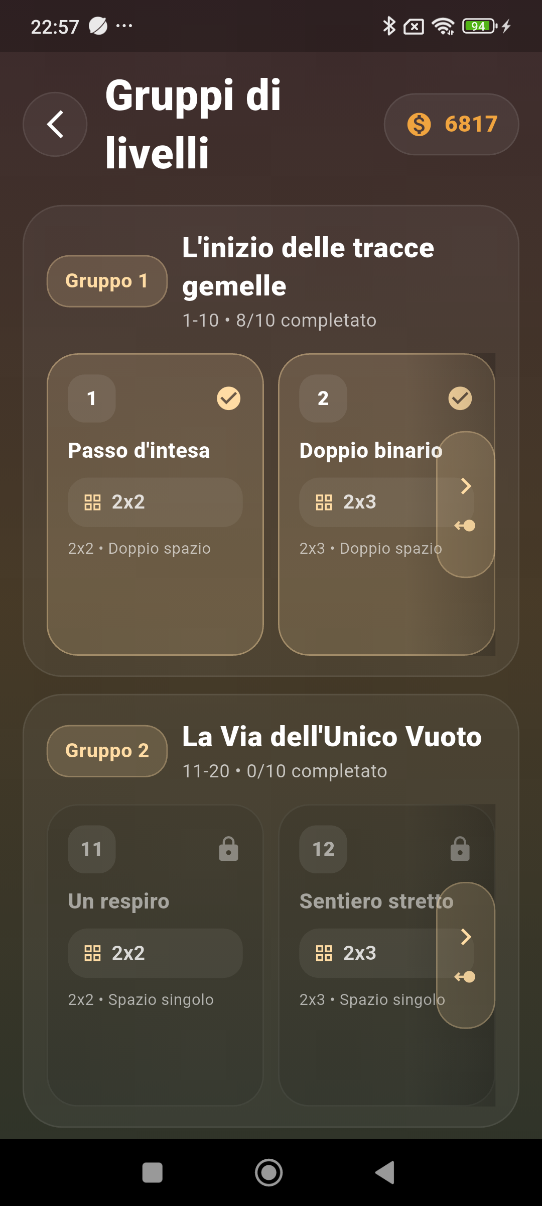Italian level groups screen